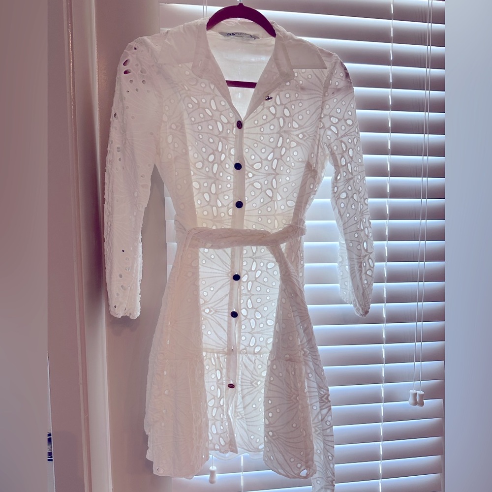 ZARA White eyelet long sleeve dress. Flounce hem.